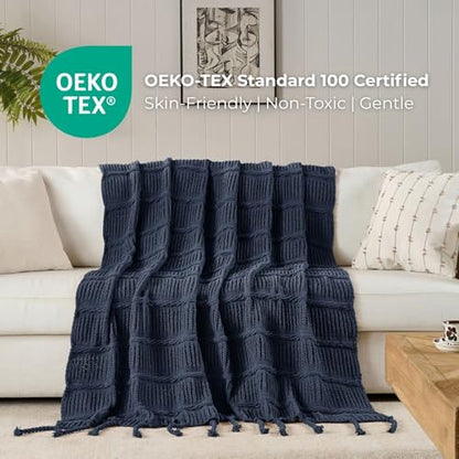 Boho Knitted Chenille Blanket with Tassels - Lightweight & Soft All-Season Throw - 3D Classic Pattern for Living Room Bedroom Couch, Royal Blue, King 90"x108" - color: Royal Blue, size: King