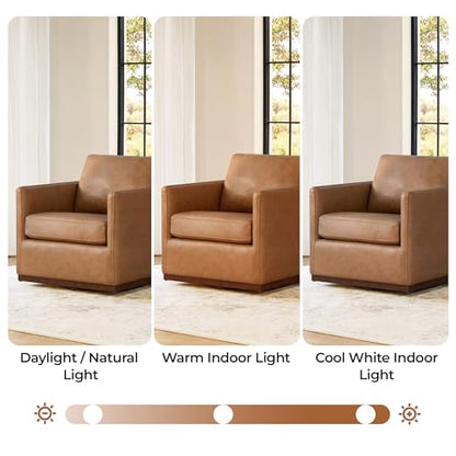 CHITA Genuine Leather Swivel Chair, Wood Frame, Fully Assembled, Saddle | Leather Arm Chair with 360° Swivel Solid Wood Base, Mid Century Modern Living Room Chair, 33"Dx30"Wx33"H, 300 Lb Capacity - color: Saddle