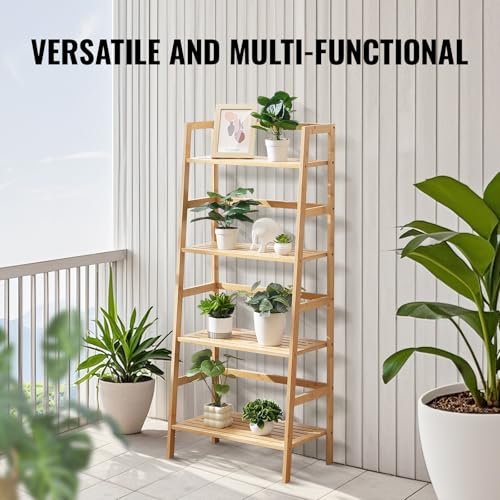 VEVOR 4-Tier Bamboo Ladder Shelf, Trapezoid Open Bookcase, Display Storage Rack Organizer, Freestanding Flower Plant Stand, Ladder Bookshelf Ideal for Bathroom, Bedroom, Office, Study, Natural - style: 4-Tier