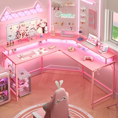 Huuger L Shaped Gaming Desk with Power Outlets & LED Lights, Computer Desk with Monitor Shelves, Carbon Fiber Surface, Home Office Desk, Corner Gaming Desk with Hooks, Carbon Fiber Pink - color: Carbon Fiber Pink