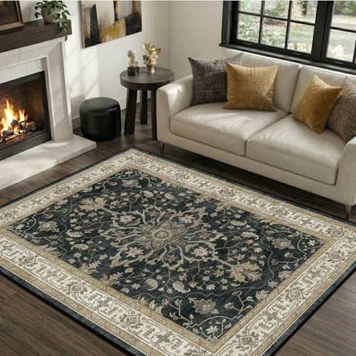 RELEANY Washable Vacuum-Friendly Area Rugs 4'x6' Black/Vintage | Low Pile Stain-Resistant, Soft Non-Slip, Floral Vintage Distress Print Pattern Medallion, for Living Room Bedroom Hallway - color: Black/Vintage, size: 4' x 6' (Rectangular)