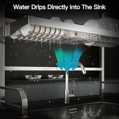 3 Tier Extra Large Stainless Steel Over The Sink Dish Drying Rack | Rust Proof Metal, Expandable Kitchen Sink Drainer, Counter Space Saving, Heavy Duty, Modern Silver, Multifunctional Storage - color: Silver, size: Over Sink 3 Tier