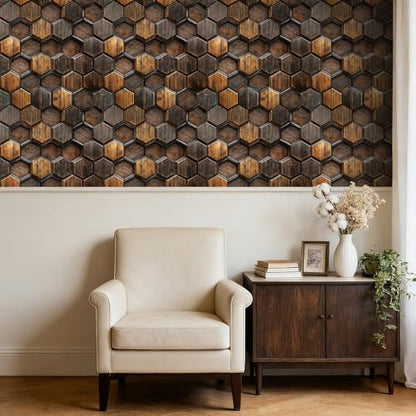 Log Cabin Wood Wallpaper Peel and Stick Wood Grain Contact Paper Dark Brown Walnut Waterproof Tile Wallpaper Kitchen Backsplash Geometric Hexagon Wall Panel Self Adhesive Removable 17.5x80 - size: 17.5x80 Inch