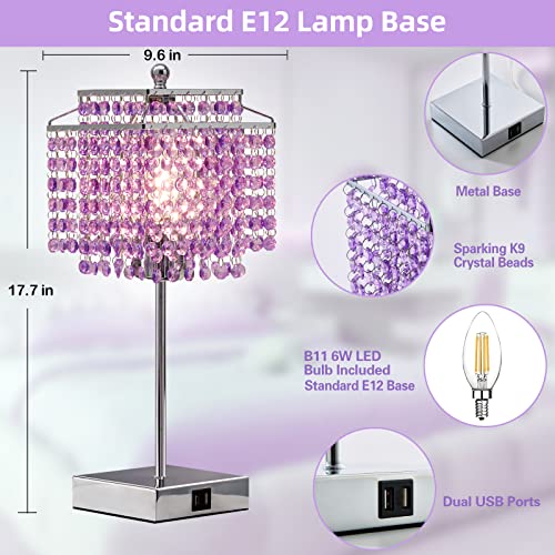 Luvkczc Purple Bedside Crystal Table Lamp Set of 2, Touch Control Lamps,Dimmable Lamp with Crystal Shade for Bedroom, Girl Living Room, 6W B11 Bulb Included - color: Purple, 2 Pack