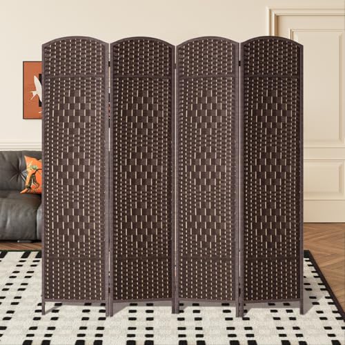 FDW | 4-Panel Folding Room Divider | 6ft, Brown | Hand Woven Mesh | Portable & Foldable Wooden Divider | Easy to Move Privacy Screen | For Space Separation, Living Room, Bedroom, Office - color: Brown, size: 4 Panel