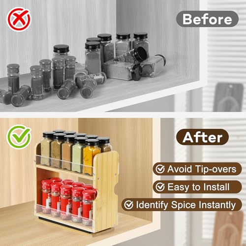 2 Tier Pull Out Spice Rack Organizer, Bamboo Sliding Spice Rack for Kitchen | Cabinet, (4.4" W x 10.6" D x 10.4" H) Spice Storage, Pantry Organization