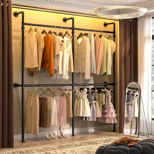 Aheaplus Industrial Pipe Clothing Rack, Reversible 6.75FT Clothes Rack for Hanging Clothes, Heavy Duty Garment Racks, Wall Mounted Closet Wardrobe Racks, Corner L Shaped Walk-in Closet System, Black - size: 81 inches