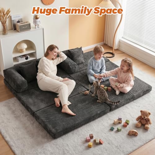 6-in-1 Boneless Couches L-Shaped Modular Sectional Sofa | Cloud Couch Sectional & Tri-Folding Mattress | Corduroy Pet-Friendly Convertible Sofa Bed with 800LB Capacity Apartment, Guest Room - color: Grey 2