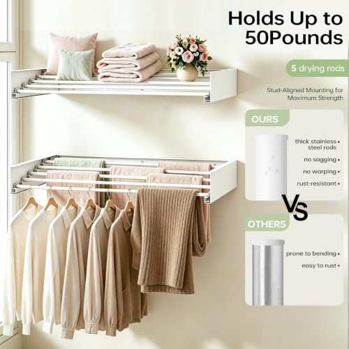 23.6-Inch Wall Mounted Foldable Clothes Drying Rack, White | Space-saving rack folds against the wall when not in use and includes a mounting template for indoor or balcony drying - color: White,w23.6''