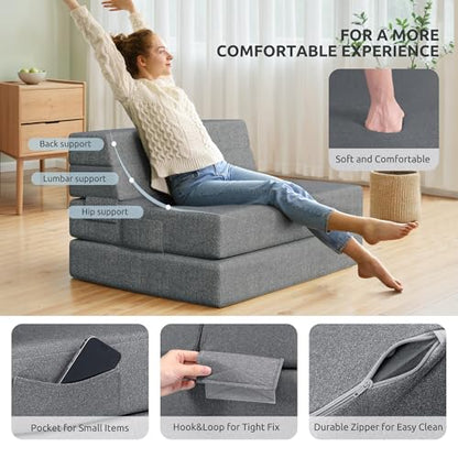Youzi Foldable Sofa Bed Twin, Sleeper Sofa Bed Couch for Guests, 6 Inches Four-fold Foam Folding Chair for Home and Livingroom, Washable Cover, Dark Gray, 75" x 39" x 6" - size: Twin