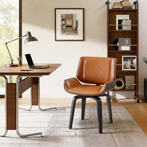 Mid Century Swivel Desk Chair No Wheels, Grey Oak Bentwood, Brown | Faux Leather, Solid Wood Legs, 360° Swivel, High-Density Foam, Adjustable Foot Pads, Home Office, Bedroom, Dining Room - color: Brown, size: Style A