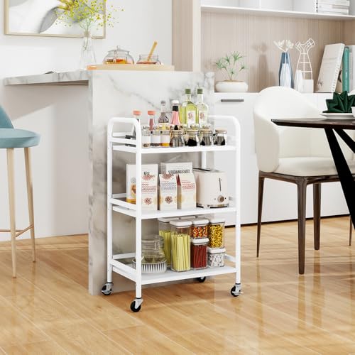 HDANI 3 Tier Rolling Cart Shelves,Heavy Duty Multifunctional Metal Frame-Supports 22 Lbs Per Tier,Rolling Cart with 2 Lockable Wheels for Home, Office,Kitchen,Bathroom,Bedroom,White - color: White, size: Small Solid