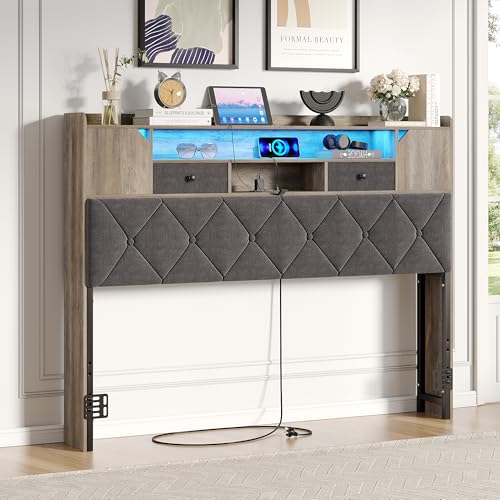 Maupvit Headboard for Queen Size Bed with Storage, Upholstered Headboard Only, Wood Head Board with Charging Station and Led Light, Height-Adjustable, Hidden and Open Storage, Rustic Grey