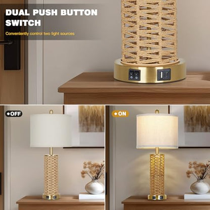 CINSARY 27" Natural Rattan Table Lamps Set of 2, Boho Bedside Lamp for Bedroom with Night Light, Woven Wicker Nightstand Lamps with 2 USB Ports & AC Outlet, Tall Farmhouse Living Room Lamp, Gold - color: Rattan and Gold