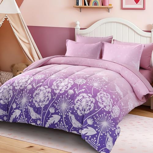 Dinjoy Girls Comforter Set 7 Pieces, Queen Size Colorful Ombre Rainbow Bedding Set, Bed in A Bag for Kid Teen Girls (1 Comforter, 1 Flat Sheet, 1 Fitted Sheet, 2 Pillow Shams, 2 Pillowcases) - color: Light Pink Purple, size: Queen
