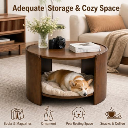 Walnut Round Coffee Table, 2-Tier 31.5" Open Storage Modern Center Table | Mid Century Wooden Circle Coffee Table with Shelf & Curved Wood Legs for Living Room, Home Office, Reception Room, Apartment - color: Walnut