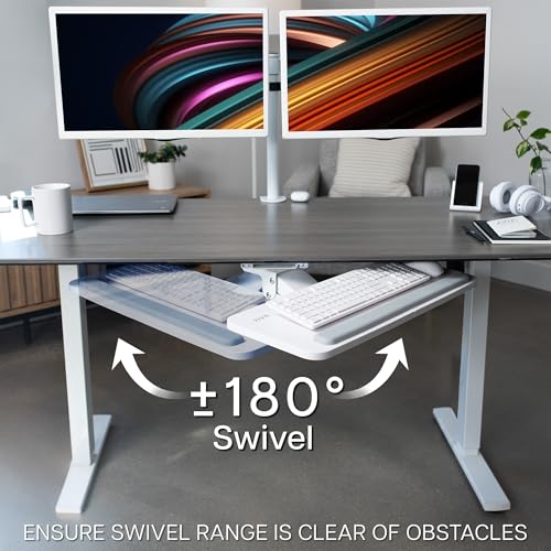 VIVO Adjustable 25 x 10 inch Computer Keyboard and Mouse Platform Tray Ergonomic Under Table Desk Mount Drawer Underdesk Shelf, White, MOUNT-KB03W | Adjustable Computer Keyboard and Mouse Platform, Ergonomic Under Table Desk Mount Drawer, Full Swivel - co