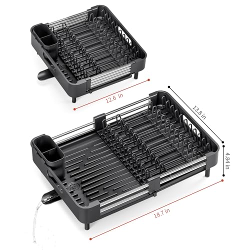 TOOLF Expandable Dish Drying Rack with Cutlery Holder, Standard, Black | Stainless Steel &PP, Extenable 12.6"-18.7"D, Anti-Rust, Auto-Drainage, Space-Saving, Fit for RV, Apartment Sink Countertop - color: Black