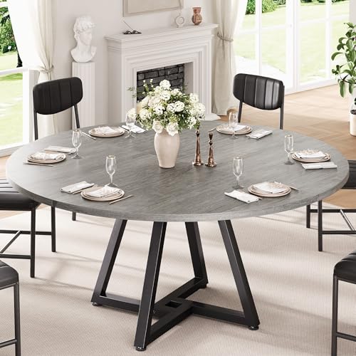 Jocoevol 51“ Round Kitchen Dining Room Table for 6-8, Circle Dining Dinner Table with Pedestal Metal Frame, Space Saving Wood Industrial Furniture for Small Space (Grey, 51In) - color: Grey