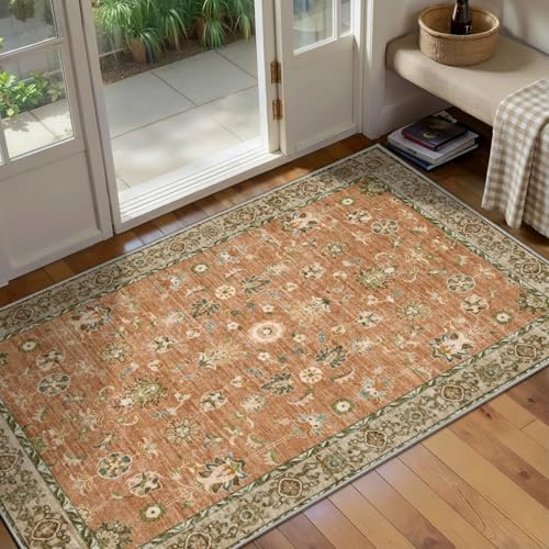 Tangsoo 2x4 Washable Runner Rug for Entryway,Vintage Entry Rug Non Slip | Boho Farmhouse Throw Entry Rug,Distressed Floor Carpet Soft Low Pile Small Door Mat for Entrance Bedroom Bathroom Foyer Decor - color: Terracotta Tangerine, size: 2' X 4' (Rectangul