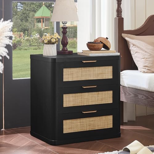 LEYAOYAO Rattan 23" Nightstands with Drawers for Bedroom | Gold Metal Handle, Storage Shelf, Black Night Stand, Boho Bedside Table, Bed Side End Tables Living Room, Hallway - color: Boho Black, size: 3 Drawers