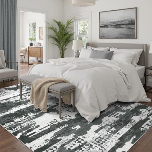 DCX Washable Abstract Area Rug 5x7, Non Slip Low Pile Rug, Black | Easy to clean, non-shedding, soft, kid & pet friendly, with a non-slip rubber backing for living rooms, bedrooms, and offices - color: Black & White, size: 5' x 7' (Rectangular)