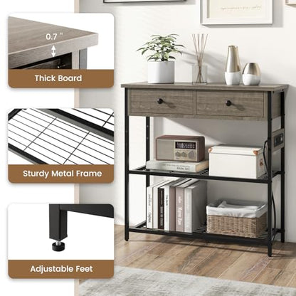 GIANTEX Industrial Console Table with Outlets, 3-Tier Narrow Entryway Table | Long Sofa Table w/ USB Ports, 2 Storage Drawers, Entry Table for Living Room, Hallway, Corridor, Behind Couch Use, Gray
