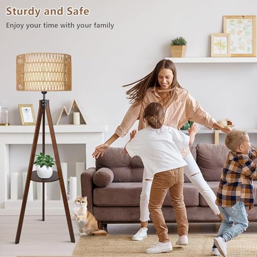 Tripod Floor Lamp with Shelves, Mid Century Wood Standing Lamp with Rattan & Fabric Shades, ON/Off Foot Switch, Modern Farmhouse Tall Floor Lamps for Living Room Bedroom Office