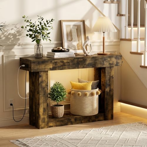 47'' Console Table with 2 Drawers and Open Storage, Entryway Table with Socket, LED Light and Hooks, Narrow Long Wood Sofa Table Behind Couch Table for Living Room, Hallway, Foyer, Brown - size: 47'' IN