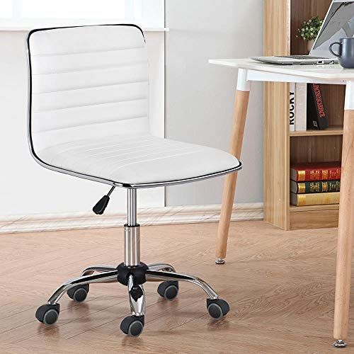 Topeakmart Ribbed PU Leather Armless Desk Chair, Swivel Task Chair, White | Cushioned ribbed PU leather low-back seat slides neatly under desks. Seat height adjusts 18.3–24.2 in, quick assembly for use - color: White