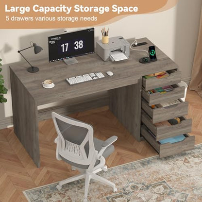 47 Inch Computer Desk with 5 Drawers and Power Outlets for Small Spaces | Home Office Desks with Storage File Cabinet and Charging Station, Modern Simple Laptop Desk Writing Table, Grey - color: Grey