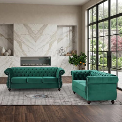 GDFStudio 82.6" Velvet Sofa Set, Modern Living Room Couch Set, Upholstered Sofa Loveseat Chair Set, Chesterfield with Button Tufted Back Rolled Arms Wood Tapered Feet for Apartment Living Room, Green - color: Green, size: 3+2+1 Seat