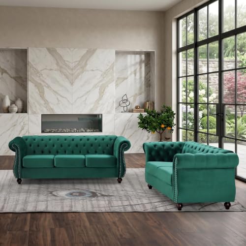 GDFStudio 82.6" Velvet Sofa Set, Modern Living Room Couch Set, Upholstered Sofa Loveseat Chair Set, Chesterfield with Button Tufted Back Rolled Arms Wood Tapered Feet for Apartment Living Room, Green - color: Green, size: 3+2+1 Seat