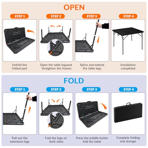 34" Square Folding Table, Portable Folding Card Table with Collapsible Legs & Carrying Handle, Plastic Tables for Camping,Picnic, Office, Party,Black - color: 34"-black(square)