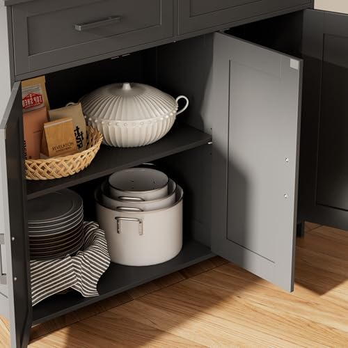 Homhedy Coffee Bar Storage Cabinet with Drawers, Kitchen Buffet Cabinet | Sideboard Cabinet with Doors, Farmhouse Buffet Cabinet, Adjustable Shelves, for Kitchen / Dining / Living Room, Black - color: Black