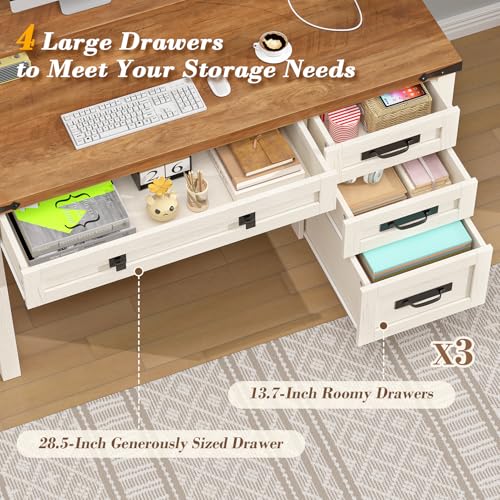 47" Farmhouse Computer Desk with 4 Drawers for Home Office, Bedroom | Executive Desk with Power Outlets, Home Office Desk with Monitor Stand, Small Desk Writing Study Table, Antique White - color: Brown and White