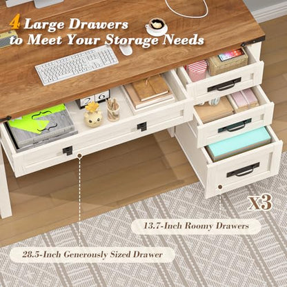 47" Farmhouse Computer Desk with 4 Drawers for Home Office, Bedroom | Executive Desk with Power Outlets, Home Office Desk with Monitor Stand, Small Desk Writing Study Table, Antique White - color: Brown and White