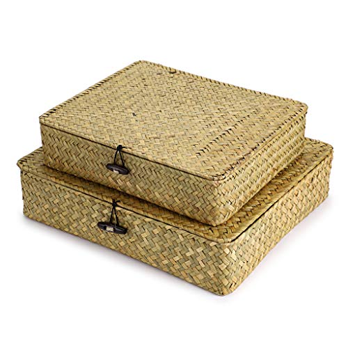 Hipiwe 2 Packs Flat Wicker Basket Box with Lid Woven Seagrass Storage Bins | Handwoven Basket Boxes for Shelf Organizing, Home Decorative Bins Box for Home Decor, Natural Color - color: Natural Color