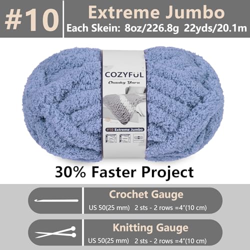 Cozyful Chunky Yarn for Hand Knitting - #10 Chunky Chenille Yarn, Jumbo Big Thick Chunky Yarns for Crocheting, Super Bulky Chunky Knit Blanket Yarns, 8 Skein (22 yds 8 oz Each Skein), Blue Gray - color: Blue Gray