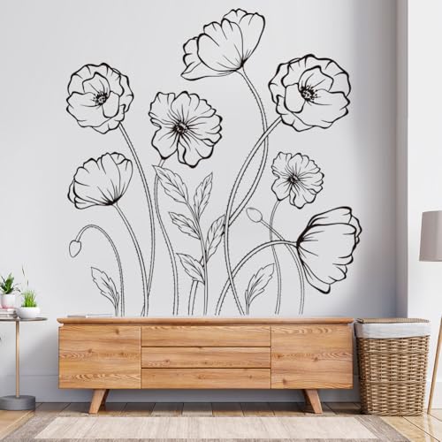 Black Flowers Wall Decals Simple Sketch Floral Wildflower Wall Stickers Large Boho Flowers Wallpaper Peel and Stick Wall Art Decal for Bedroom Living Room