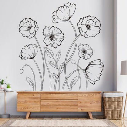 Black Flowers Wall Decals Simple Sketch Floral Wildflower Wall Stickers Large Boho Flowers Wallpaper Peel and Stick Wall Art Decal for Bedroom Living Room