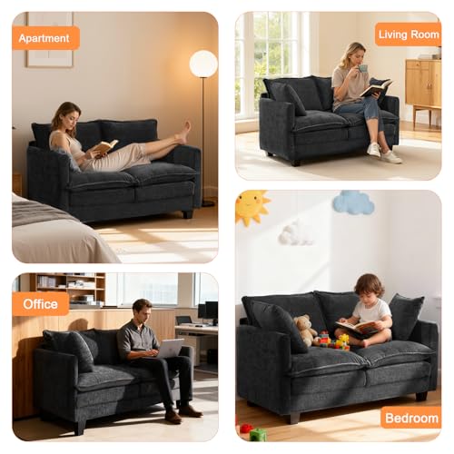 50'' Loveseat Sofa Cloud Sofa Couch, Modern Loveseats 2 Seat Couch 27" Deep Seat with 2 Pillows for Small Spaces Apartment Studio Office Bedroom Living Room, Black - color: Black, size: 50"