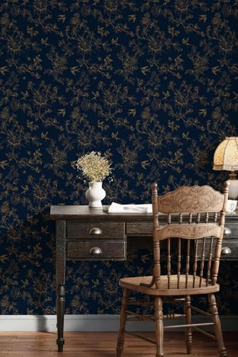 Simon&Siff Dark Blue and Glod Vintage Floral Birds Peel and Stick Wallpaper | 120" x 17.3" Removable Self Adhesive Waterproof Contact Paper, Renter Friendly Wall Paper for Cabinets, Furniture, DIY Decor - color: Dark Blue and Gold, size: 17.3" x 120"