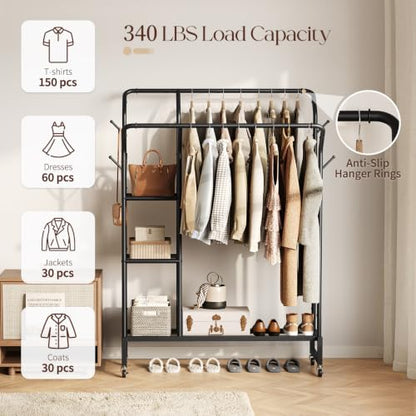Yoobure Double Rods Clothes Rack - Portable Clothing Rack with Wheels, Rolling Garment Rack with 3-Tier Shelves & 4 Hooks, Freestanding Clothing Racks for Hanging clothes, Coat Rack for Closet Bedroom - color: Black