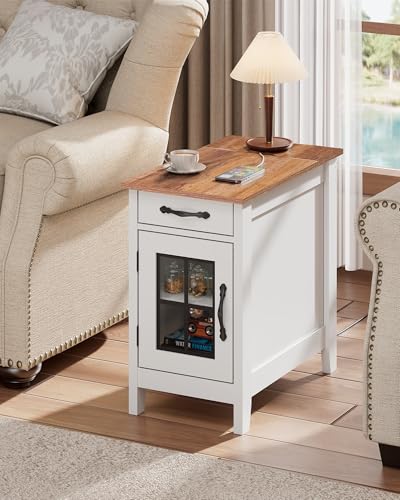 WLIVE End Table with Charging Station, Narrow Side Table for Living Room, Farmhouse Night Stand with Storage, Small Wooden Cabinet Nightstand with USB Ports and Outlets, 23.62" D x 13.78" W x 23.62" H - color: White