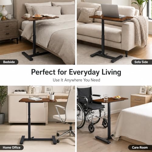Mobile Standing Desk Adjustable Overbed Table, Pneumatic Height Adjustable Rolling Laptop Desk with Hidden Wheels, 0-180°Tilt Top Rolling Computer Cart Foldable for Home Office, Craft & Study, Brown - color: Brown, style: Fully Tiltable