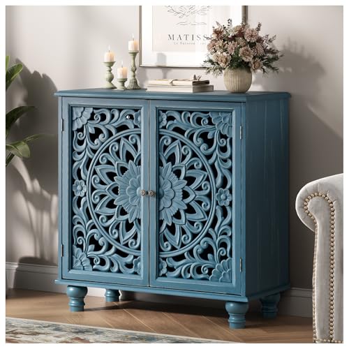 Jiansu furni Sideboard Buffet Cabinet with Storage, 31.6" High Accent Cabinet with 2 Carved Doors, Sturdy Storage Organizer with Solid Wood Bun Feet for Kitchen Coffee Bar, Blue - color: Blue_2 Doors