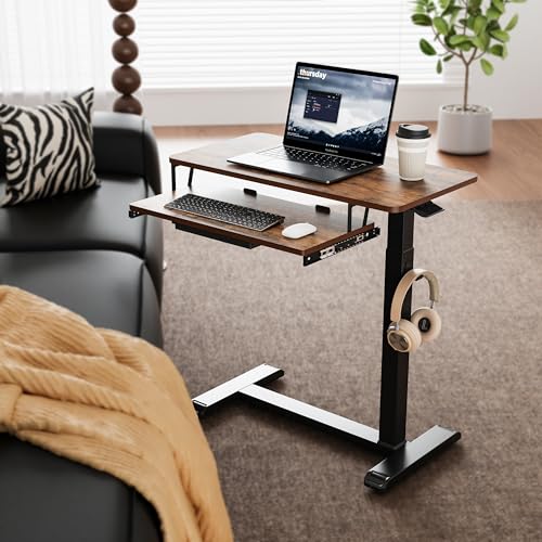 ETHU Overbed Table with Wheels, Upgrade Medical Table with Drawer, Hospital Bed Table, Workstation Desk, Adjustable Overbed Bedside Rolling Laptop Desk, Walnut | Mobile Table Tray for Sofa Side, Hospital Bed Workstation Table for Home and Office Laptop Us