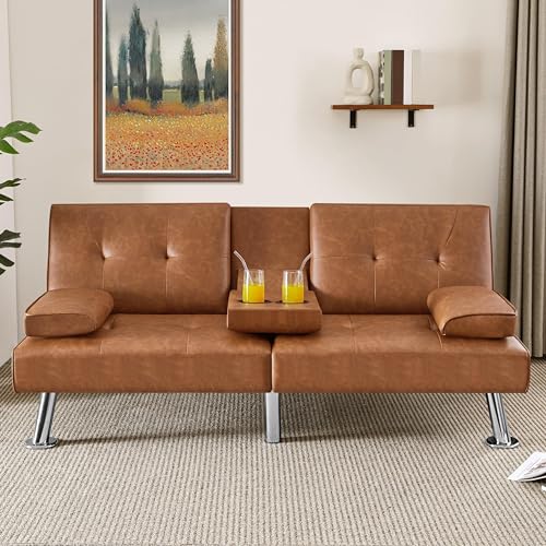 Yaheetech Convertible Futon Sofa Bed Loveseat with Cup Holder, Brown | 3 Angles Sofa, Recliner Chair, Bed, Compact Faux Leather Love Seat for Living Room, Guest Room, Dorm, Small Apartment - color: Brown
