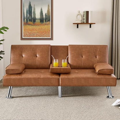Yaheetech Convertible Futon Sofa Bed Loveseat with Cup Holder, Brown | 3 Angles Sofa, Recliner Chair, Bed, Compact Faux Leather Love Seat for Living Room, Guest Room, Dorm, Small Apartment - color: Brown